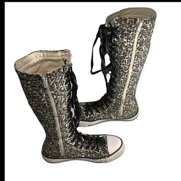 Mengsai Boots Girls Size 2 leopard Print Sneakers Mid Knee High Canvas - Picture 4 of 8